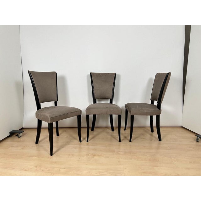 Black Art Deco Chairs in Black Lacquer & Grey Alcantara, France, 1930s, Set of 6 For Sale - Image 8 of 18