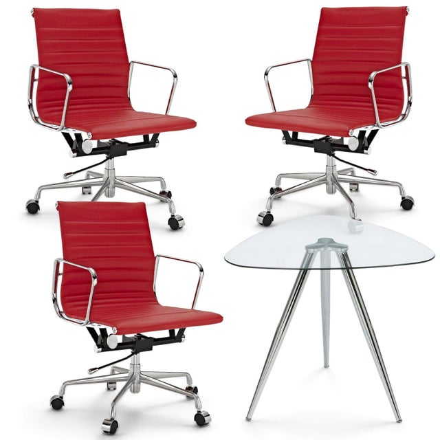 Metal Set of 3 Modern Ribbed Mid Back Chairs & Matching Bistro Chrome Table For Sale - Image 7 of 7