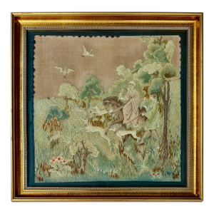 English Pastoral Woolwork Embroidery With Horse, Hounds & Rabbits, 19th Century