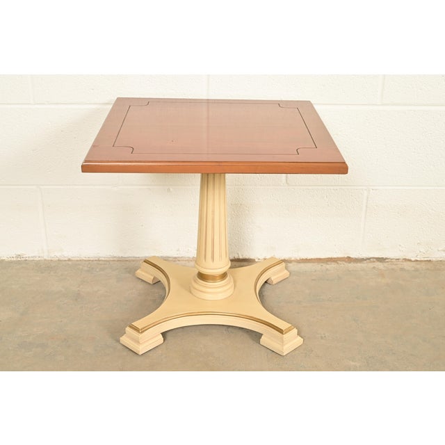 Hollywood Regency Cherry Wood and Cream Lacquered Pedestal Tea Table or Occasional Side Table by Mersman, Circa 1960s For Sale - Image 10 of 10