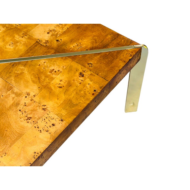 Vintage 1970s Burl Wood & Brass Coffee Table | Hollywood Regency Milo Baughman Style | Parquet Burl Cocktail Table For Sale - Image 6 of 16