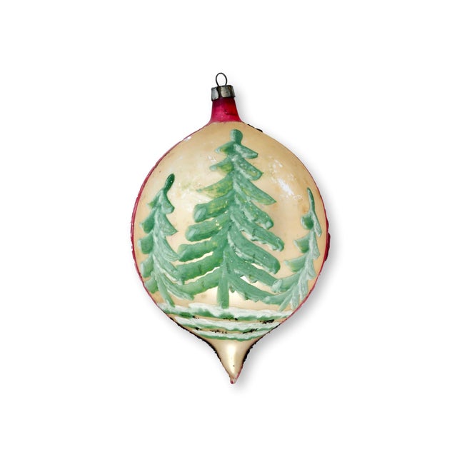 Set of three early 20th-century German mercury glass ornaments, hand-painted with red, green, and blue festive motifs....