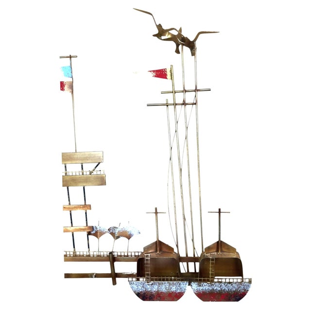 1980s Curtis Jere Nautical Wall Sculpture – Brass Sailboats & Seagulls Harbor Scene For Sale - Image 11 of 18