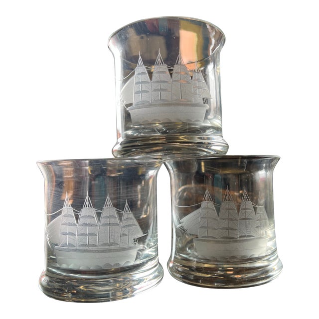 Vintage Old Fashion Whiskey Glasses With Etched Clipper Ship by Toscany - 3 For Sale