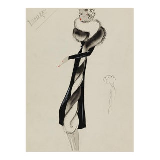 Vintage French Fashion Art Print – Black Fur-Trim Coat Illustration, 36" X 48" For Sale