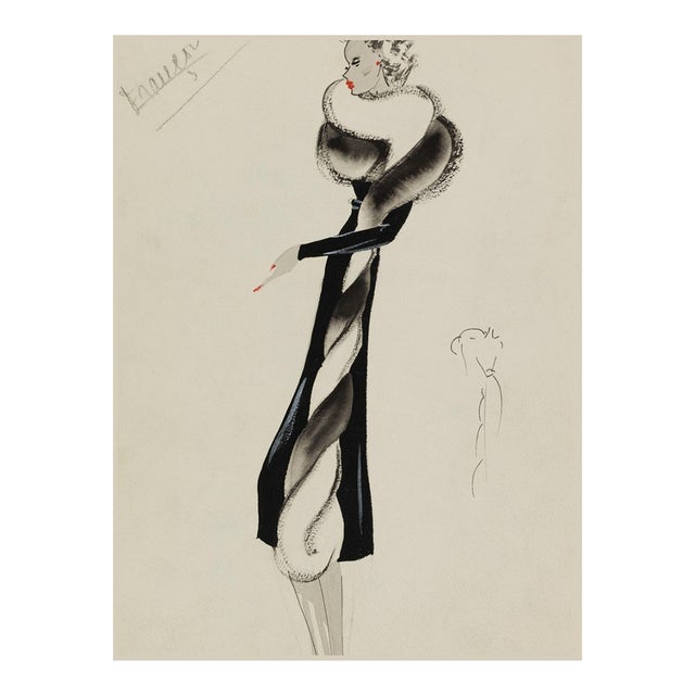Vintage French Fashion Art Print – Black Fur-Trim Coat Illustration, 36" X 48" For Sale