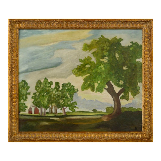 Oak Trees With Red Barn, Mid-Century Pastoral Summer Landscape For Sale