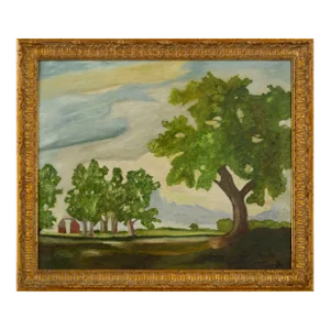Oak Trees With Red Barn, Mid-Century Pastoral Summer Landscape
