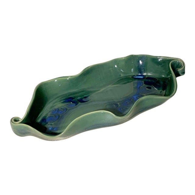Large Oval Green and Blue Studio Ceramic Platter With Swirl Handles - Signed For Sale