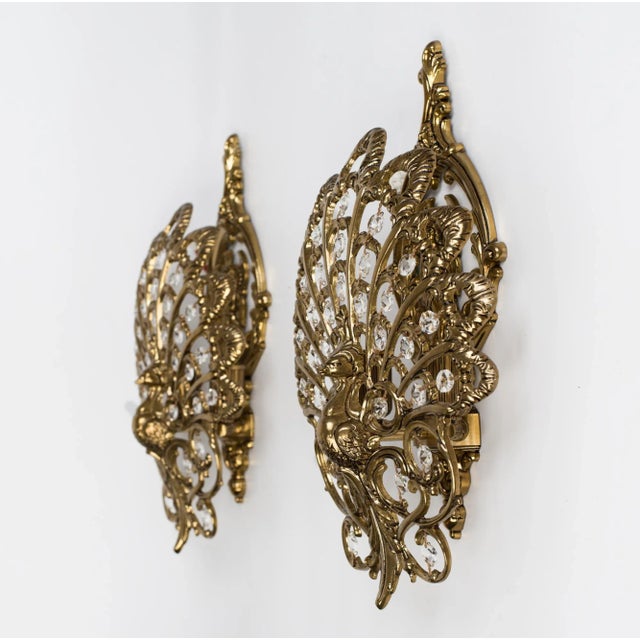 French 1960s Brass Peacock Sconces With Diamond-Shaped Crystals - a Pair For Sale - Image 3 of 9