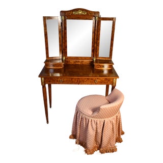 1900 Antique French Louis XVI Burl Maple Vanity Ladies Desk & Swiveling Stool For Sale