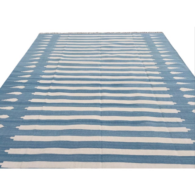 Not Yet Made - Made To Order Handmade Cotton Flat Weave Area Rug, Sky Blue and White Striped Dhurrie - 10'x14' For Sale - Image 5 of 14