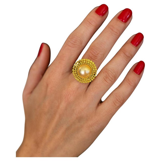 Gemstone Bochic “Orient” Vintage South Sea Pearl & Sapphire Ring Set 18K Gold & Silver For Sale - Image 7 of 9