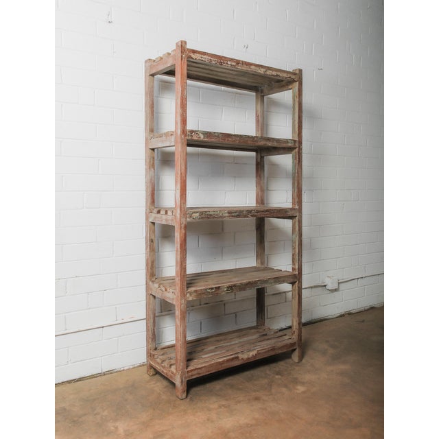 Vintage Wooden Open Shelving Unit With Slatted Shelves and Weathered Patina For Sale - Image 4 of 5