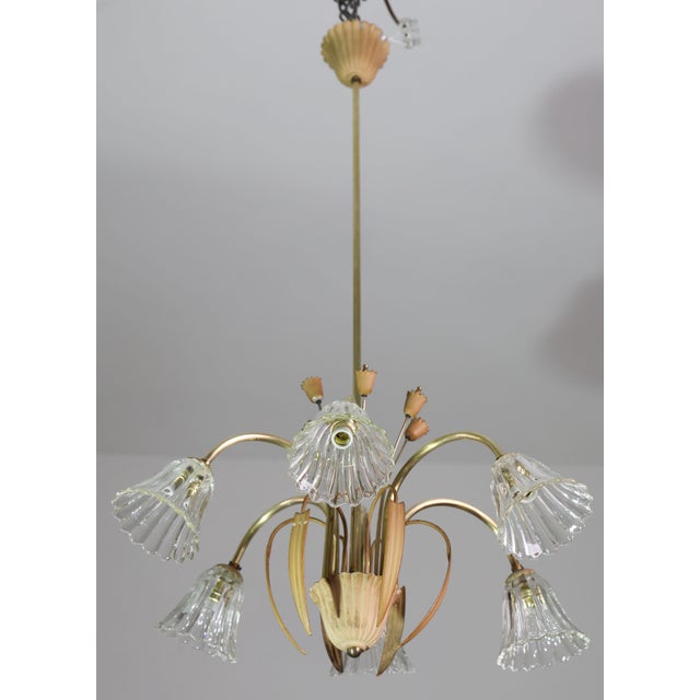 1960s 1950 Art Decò Murano Glass and Brass Chandelier, 6 Light For Sale - Image 5 of 18