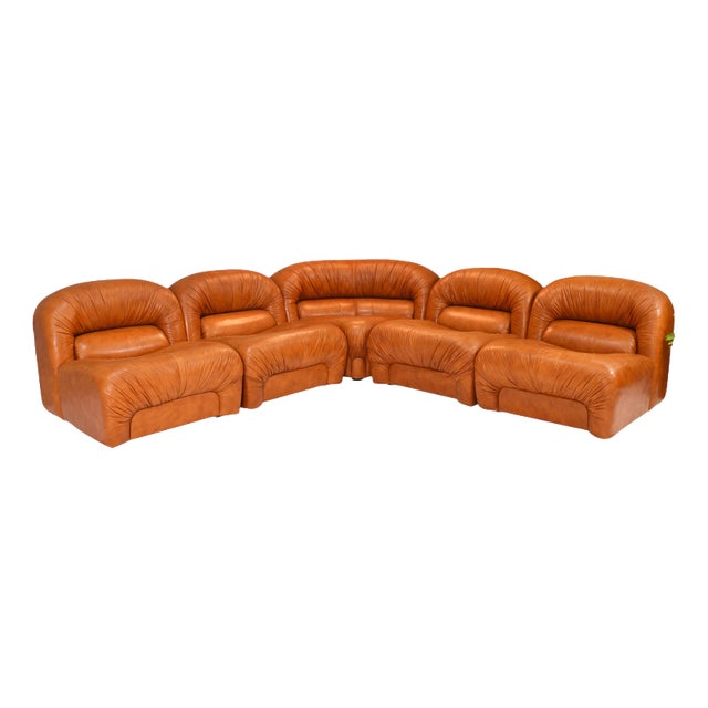 Sectional Sofa in Cognac Leather by Rossi Di Albizzate, Italy, 1970s, Set of 5 For Sale