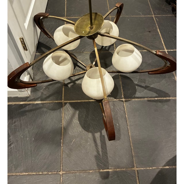 Mid-Century Modern Vintage Mid-Century Modern 5-Light Walnut & Brass Chandelier With Opaline Glass Shades For Sale - Image 3 of 3