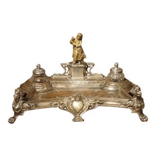 Circa 1900 Silvered Brass and Gilt Encrier With Shepherdess and Monogram For Sale