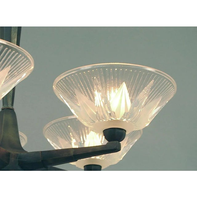 1930s 5-Light French Art Deco Bronze Chandelier, "The Best" Opalescent Shades For Sale - Image 4 of 6