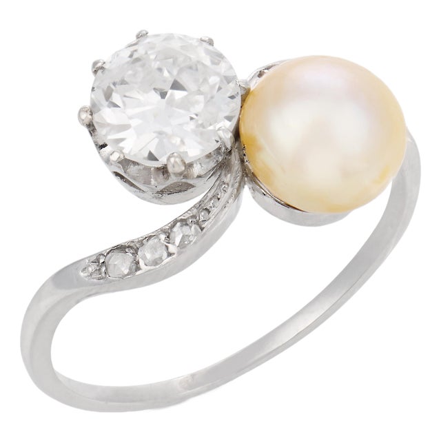 1910s Edwardian Diamond Pearl Platinum Toi Et Moi Engagement Ring, Size 6 For Sale