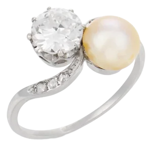 1910s Edwardian Diamond Pearl Platinum Toi Et Moi Engagement Ring, Size 6