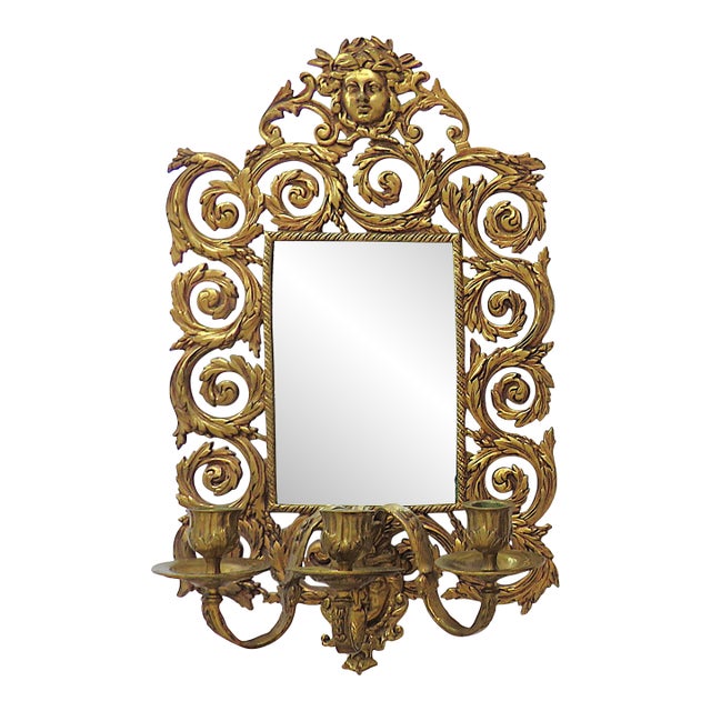 19th C. Gilt Metal Wall Sconce W/ Beveled Mirror Antique Victorian For Sale
