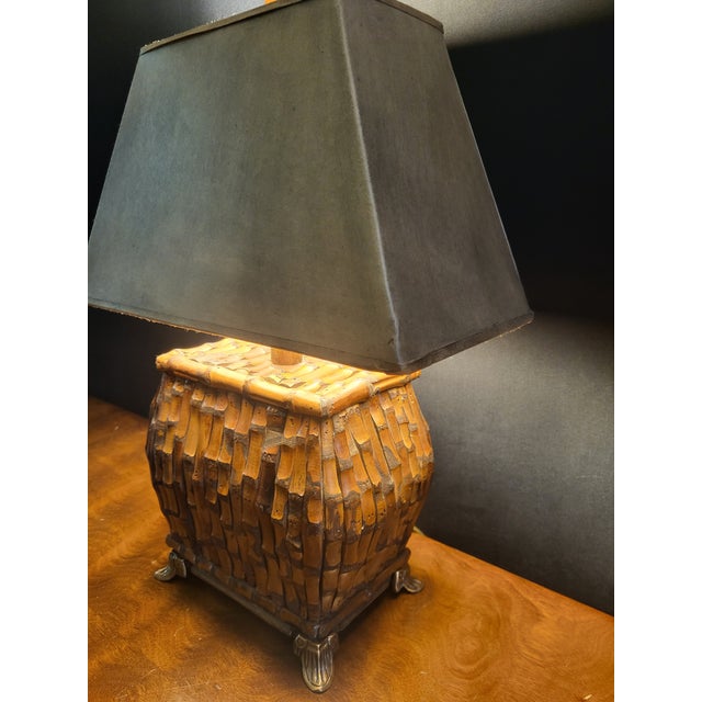 Chinoiserie Vintage Burnt Bamboo Chinoiserie Table Lamp With Rectangular Shade For Sale - Image 3 of 8