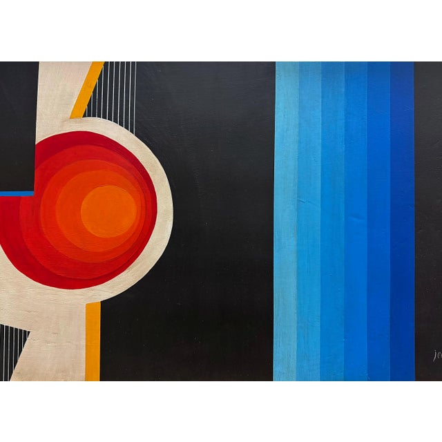 Mid-century Abstract Op Art Painting, Signed Jean Rets, Framed Offered for sale is a vintage op art oil painting on...