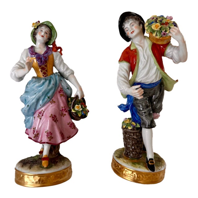 Pair of Volkstedt German Porcelain Flower Seller Figurines For Sale