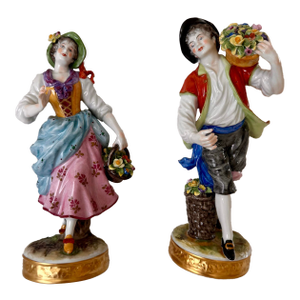 Pair of Volkstedt German Porcelain Flower Seller Figurines