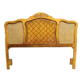 French Style Cane and Inlaid Wood Queen/Double Headboard With Carved Crest For Sale