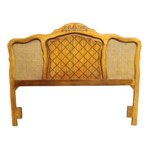 French Style Cane and Inlaid Wood Queen/Double Headboard With Carved Crest