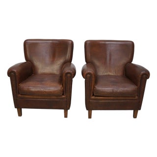 Vintage Dutch Cognac Colored Leather Club Chairs, Set of 2 For Sale
