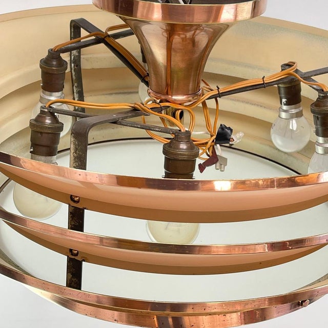 Metal Art Deco Chandelier Hanging Lamp in Copper by Georges Halais for Eloctra, 1930s For Sale - Image 7 of 11