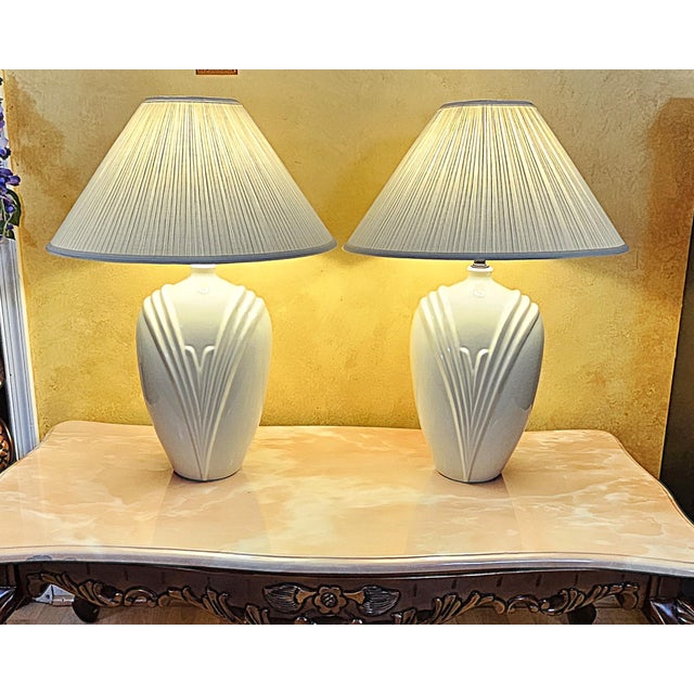 Pair of Vintage White Art Deco Ceramic Table Lamps With Pleated Shades – 27” For Sale - Image 18 of 18