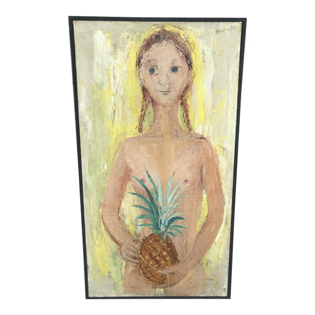 Mid 20th Century Abstract Figurative Female Nude Holding a Pineapple Painting, Framed For Sale
