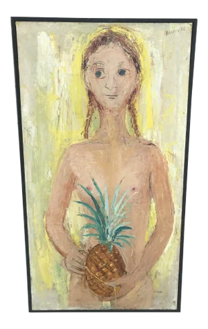 Mid 20th Century Abstract Figurative Female Nude Holding a Pineapple Painting, Framed