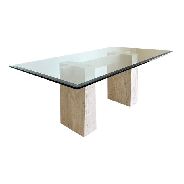 1970’s Travertine and Glass Dining Table For Sale