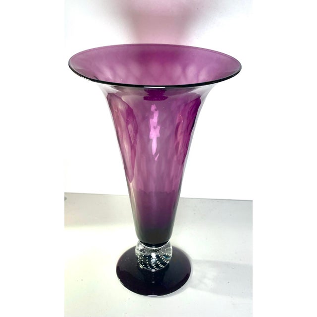 Pairpoint Glassworks Mid-Century Pairpoint Optic Diamond Vase With Controlled Bubble Ball Stem, Signed For Sale - Image 4 of 7