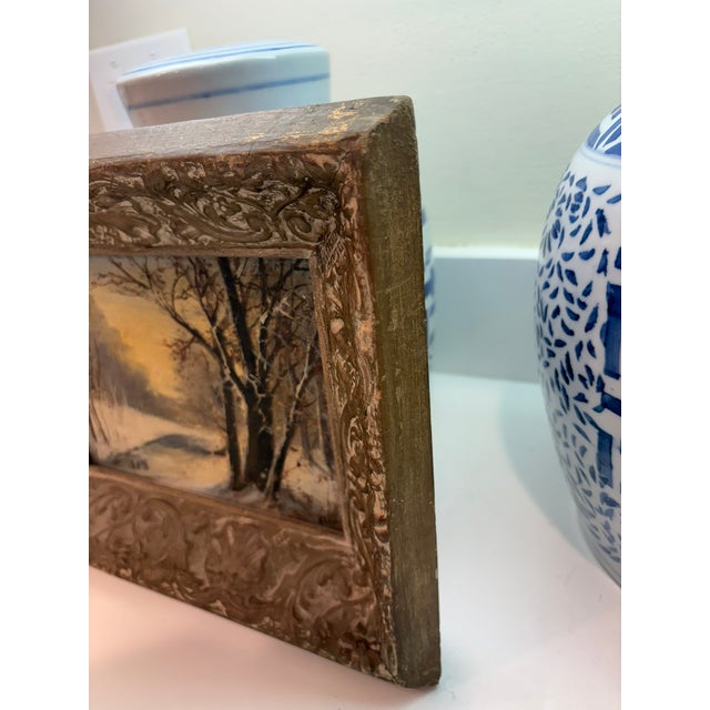 Vintage Mini Oil Wood Landscape Paintings in Distressed Ornate Wood Frames – Set of Three For Sale - Image 14 of 16