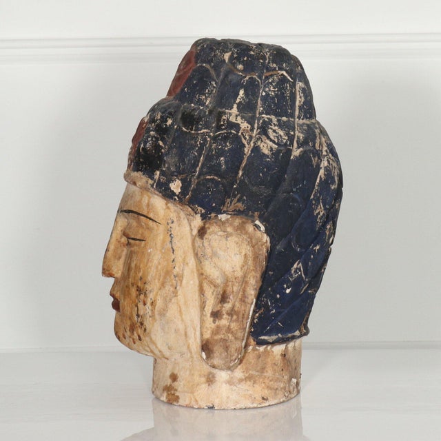 Early 20th century Large Scale Carved Polychrome Burmese Buddha Head Bust For Sale - Image 4 of 10