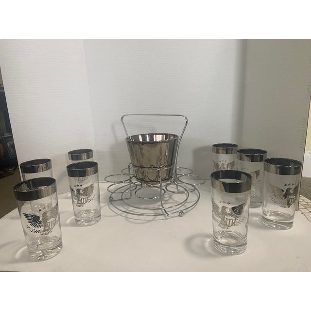 Mid Century Culver Style High Ball Glasses About 5.5" Ice Bucket Glass and Carrier In Silver Band Eagle, Wreath & Stars on...