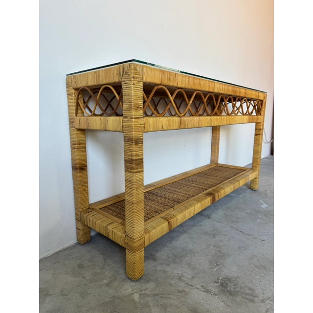 Vintage Coastal Rattan Two-Tier Console Table With Glass Top/Sold For Sale - Image 4 of 12