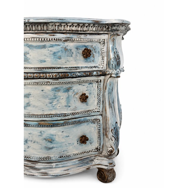 Vintage Distressed Blue Dresser | Hand-Painted 3-Drawer Chest | Shabby Chic French Country | Carved Details | Maison Martine | One of a Kind For Sale - Image 4 of 12