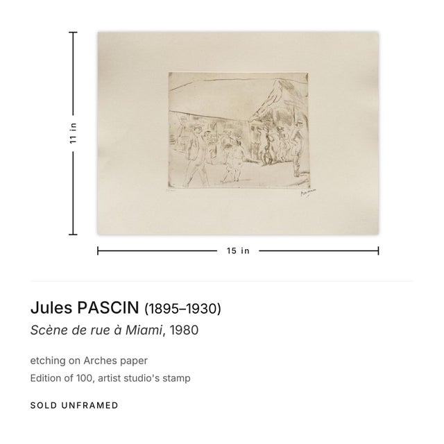 Shabby Chic 1980 Jules Pascin Scène De Rue À Miami Etching For Sale - Image 3 of 4