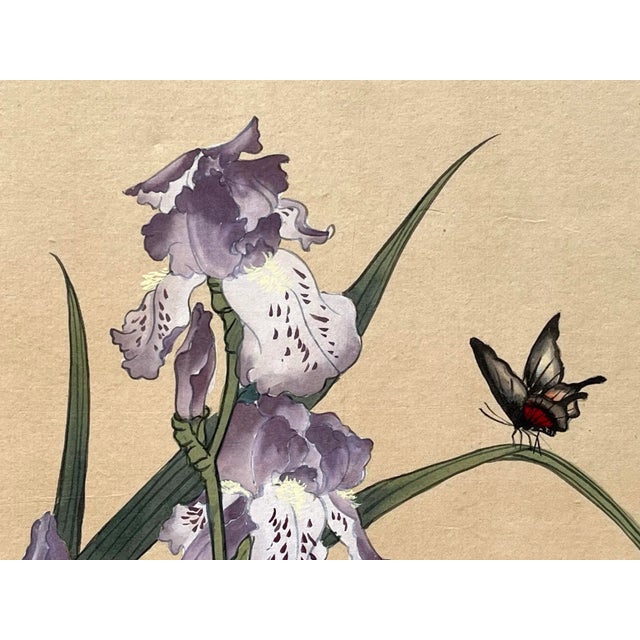 Vintage Original Chinese Watercolor Painting of Purple Iris Flowers and Butterflies on Silk For Sale In New York - Image 6 of 10