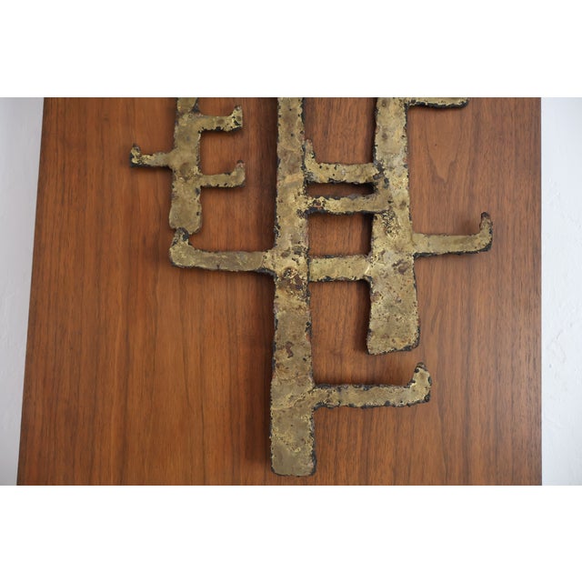 Peter Pepper Products Brutalist Torch-Cut Brass Wall Sculpture on Walnut Panel For Sale - Image 9 of 10