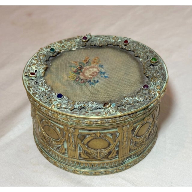 19th Century Antique Ornate 1800s Austrian Petit Point Jeweled Cylindrical Casket Jewelry Box For Sale - Image 5 of 11