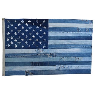 Large Custom Boho Chic Denim American Flag Art/Throw 58" x 36" For Sale