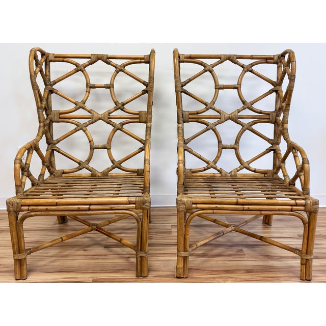 Brown Fretwork Rattan Wingback Chairs, a Pair For Sale - Image 8 of 13